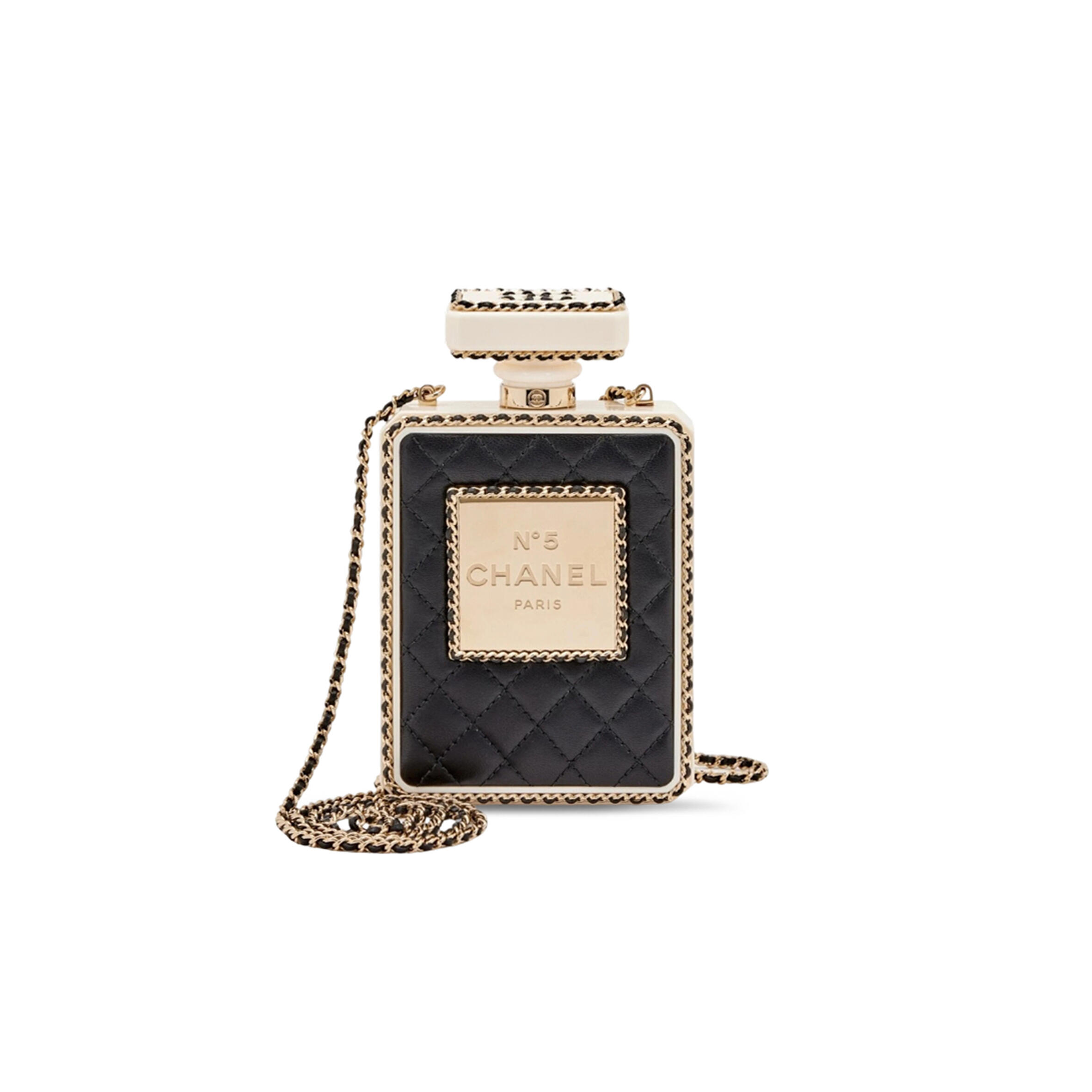 Ch**el master black leather perspex gold perfume bottle minaudiere bag as3263 (16*9*3.5cm)